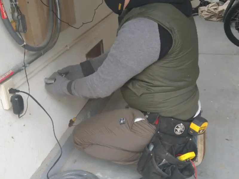 Electrician performing outlet wiring in a Gilberts garage